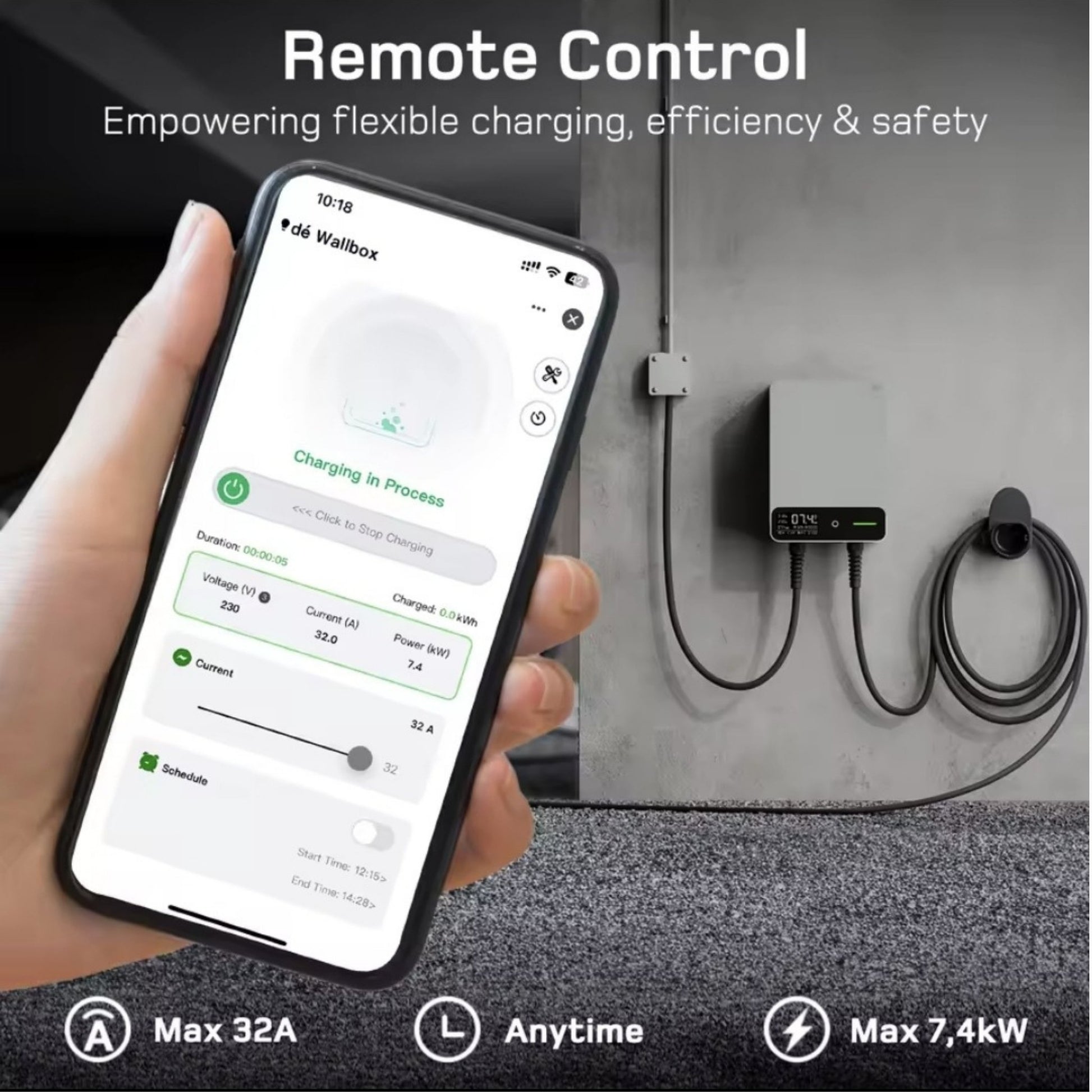 Wallbox Home 7,4 kW – Slimme EV Lader met App & RFID | Type 2 | Zwart/Wit - BlackCharge 5 meter / Zwart