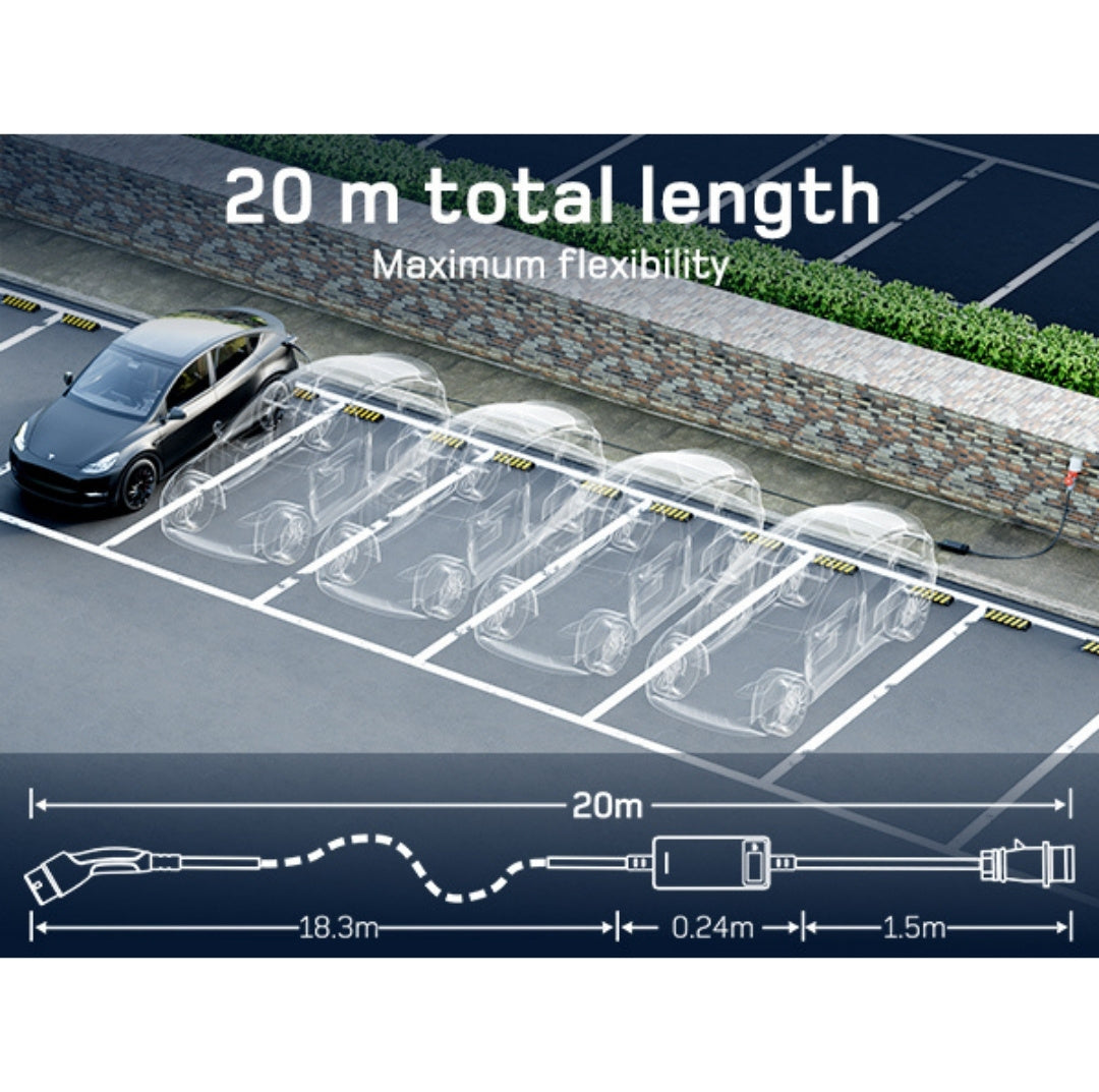 dé® 11kW Mobiele EV Thuislader – Type 2 | 7m–25m | Incl. CEE–Schuko verloop & kabelhouder