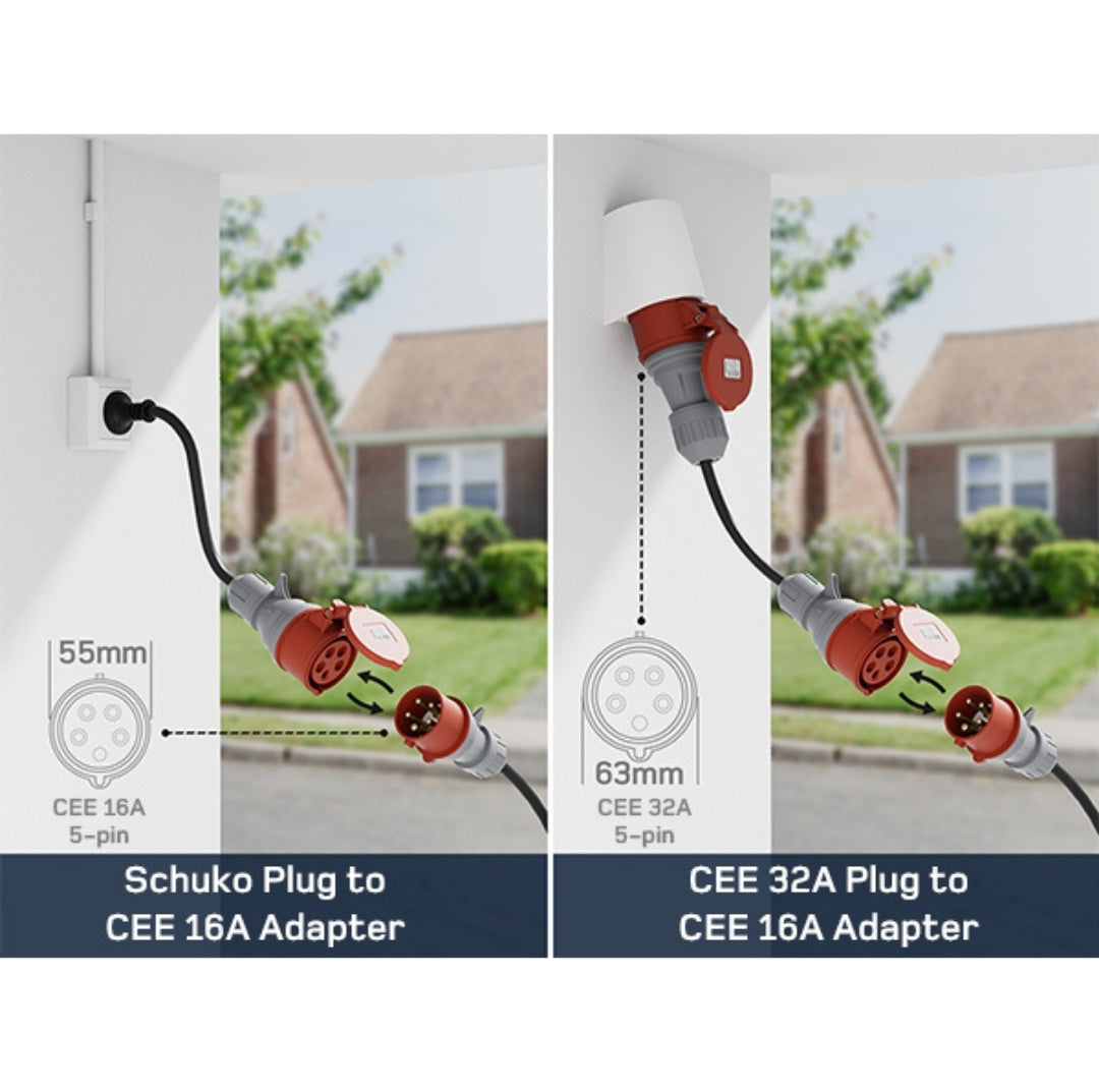 dé® 11kW Mobiele EV Thuislader – Type 2 | 7m–25m | Incl. CEE–Schuko verloop & kabelhouder